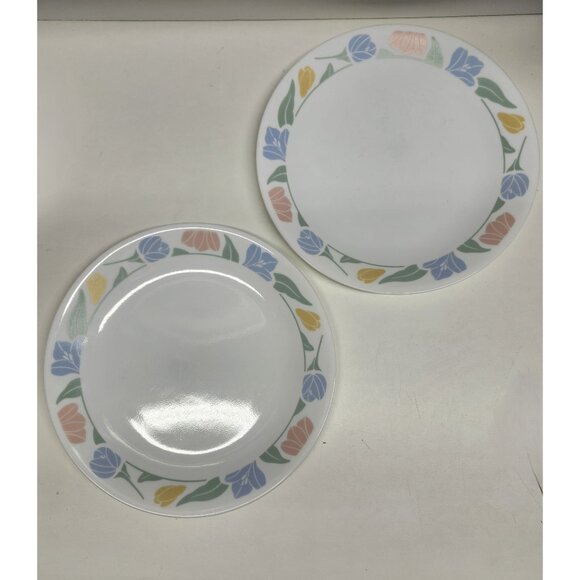 2- Corelle Friendship 10.25" Dinner Plates, Tulip Flower Rim Vintage - Picture 2 of 8
